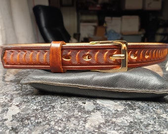 Handmade leather skinny belt with a scallop design, dark brown 36 1/2 inch leather belt, leather dress belt for Men or Women