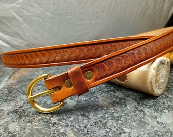 Handmade leather skinny belt for big and tall Men or Women, cognac narrow belt, hand tooled belt