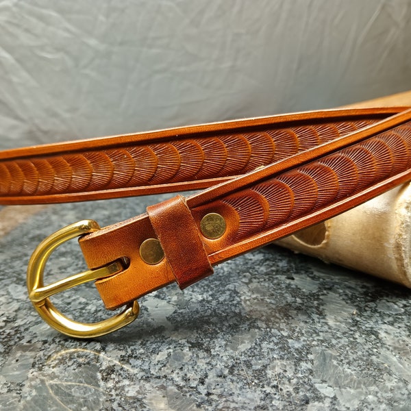 Handmade leather skinny belt for big and tall Men or Women, cognac narrow belt, hand tooled belt