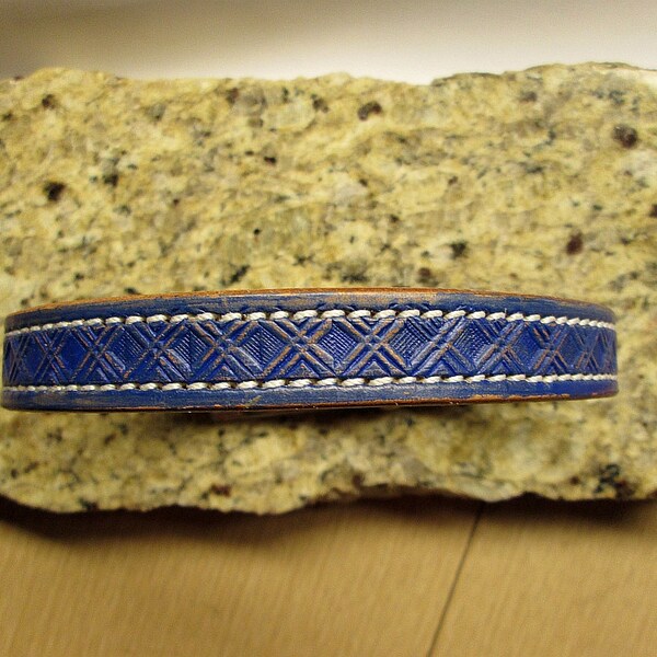 Medium blue dog collar , leather dog collar ,  blue geometric leather dog collar , antiqued blue leather  collar , dog collars