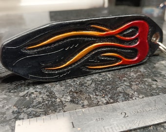 Flames keychain, handmade leather keychain, bikers, hot rods, flames key tag charm