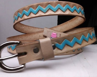 Handmade skinny Aztec leather belt, Mens or Women's Aztec custom tooled leather thin belt, skinny Aztec belt