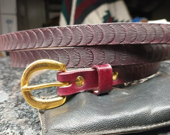 Handmade burgundy skinny leather belt for big and tall Men or Women, vintage style narrow belt, thin burgundy belt