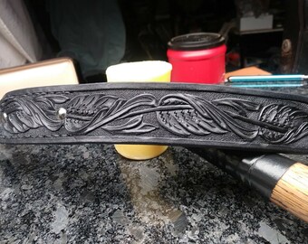 Handmade leather pet leash, custom tooled dog leash, black custom leash, dog handle