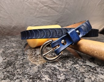 Handmade dark blue leather skinny belt for Men or Women, Navy blue scallop design belt