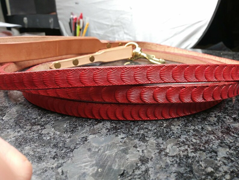 training leash Handmade custom tooled red leather leash extra long leather leash training lead
