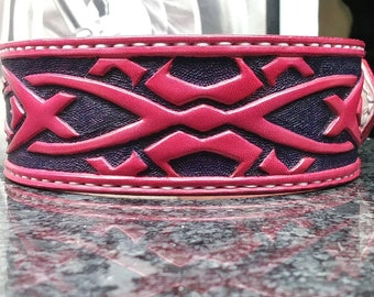 Handmade leather dog collar, pink and purple medium collar, female dog collar, Norse leather collar, Celtic dog collar, pet collar