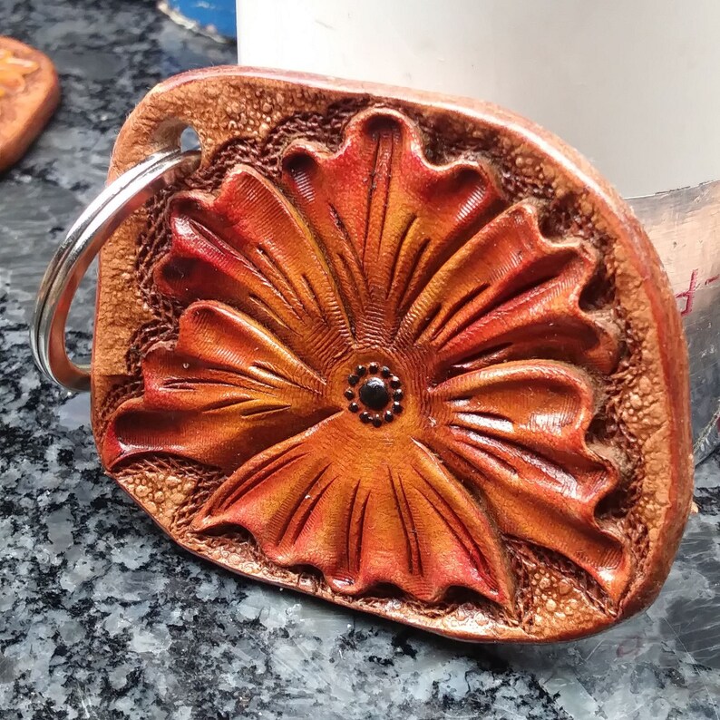 Western Keychain Orange Flower Keychain Boho Leather Etsy