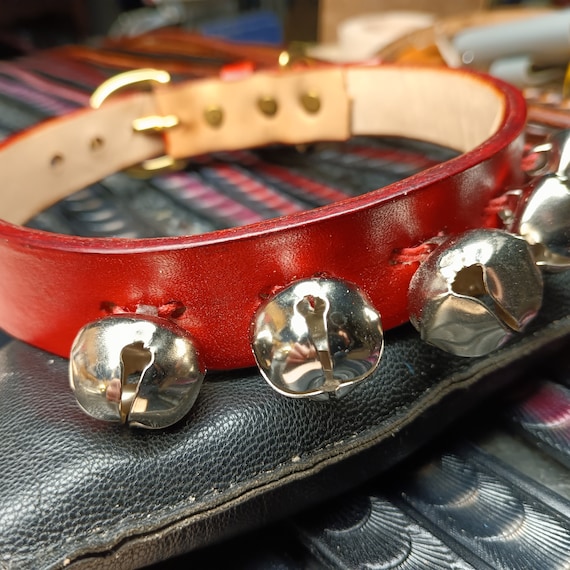 Handmade Jingle Bell Red Leather Dog Collar, Holiday Collar