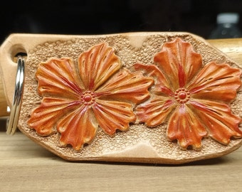Handmade leather custom tooled floral keychain gift, gifts for women, birthday, orange blend flowers keychain