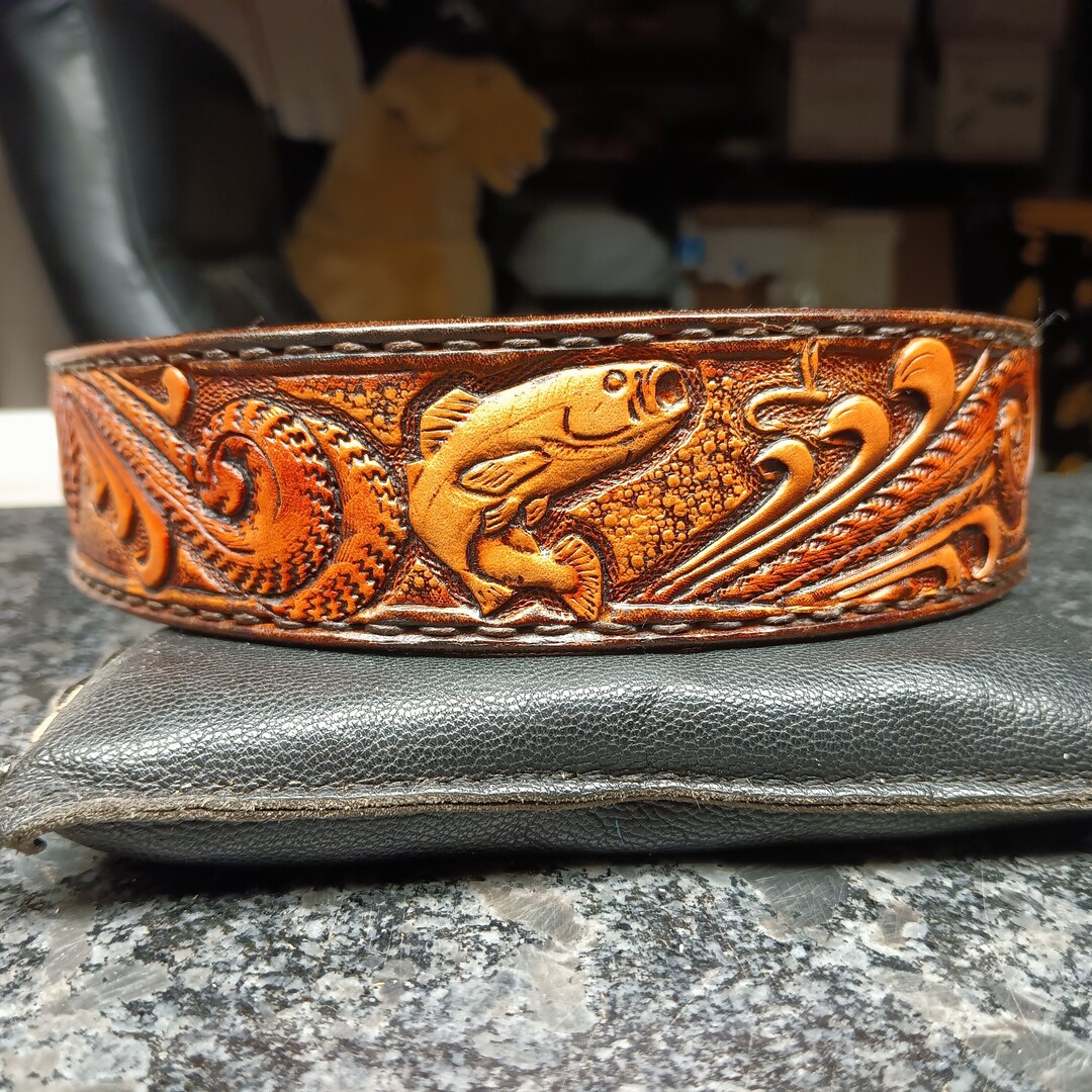 Custom Dog Collar, Large Mouth Bass Pet Collar, Custom Leather Tooled