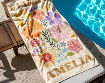 Retro Flower Personalized Beach Towel,Durable Towel for Beach Days,Pool Trips and Bachelorette Party Favors,Perfect Gift for Her&Kids