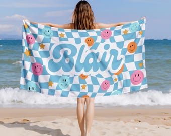 Custom Smiley Irregular Grid Beach Towel,Custom Name Birthday Party Pool Towel,Tropical Towel,Vacation Gift for Kids,Beach Lover's Gifts