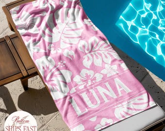 Custom Name Multi-Color Hawaiian Floral Beach Towel,Birthday Party Towel,Tropical Bath Towel,Vacation Gift for Girls,Beach Lover's Gifts