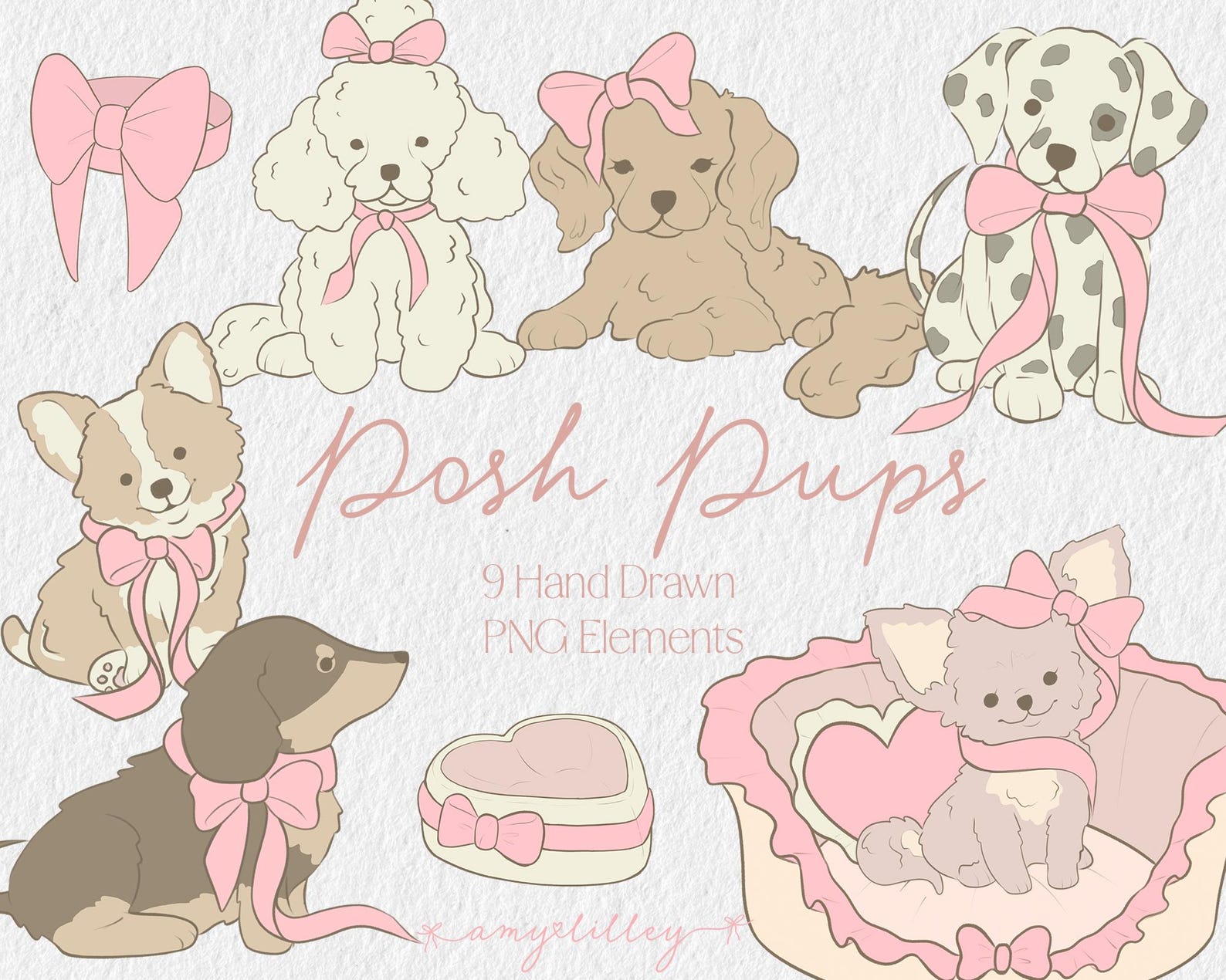 Puppies and Bows Clipart - Cute Dogs Hand Drawn Kawaii Pups Digital PNG ...