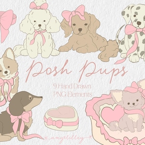 Welpen und Bögen Clipart - Süße Hunde Hand gezeichnet Kawaii Welpen Digitale PNG - Kokette Dackel Corgis Pudel Dalmatiner Spaniel für DIY Karten