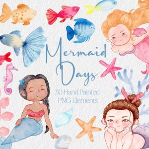 Mermaid Ocean Friends Clipart - Kawaii Fish Cute Watercolour Hand Painted Sea Digital PNG - For Baby Girls Birthday or Babyshower Invites