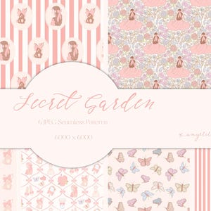Papiers et motifs sans couture Jardin secret - 6 motifs répétés fantaisistes et jolis - Roses, papillons, etc. pour la conception de tissus DIY
