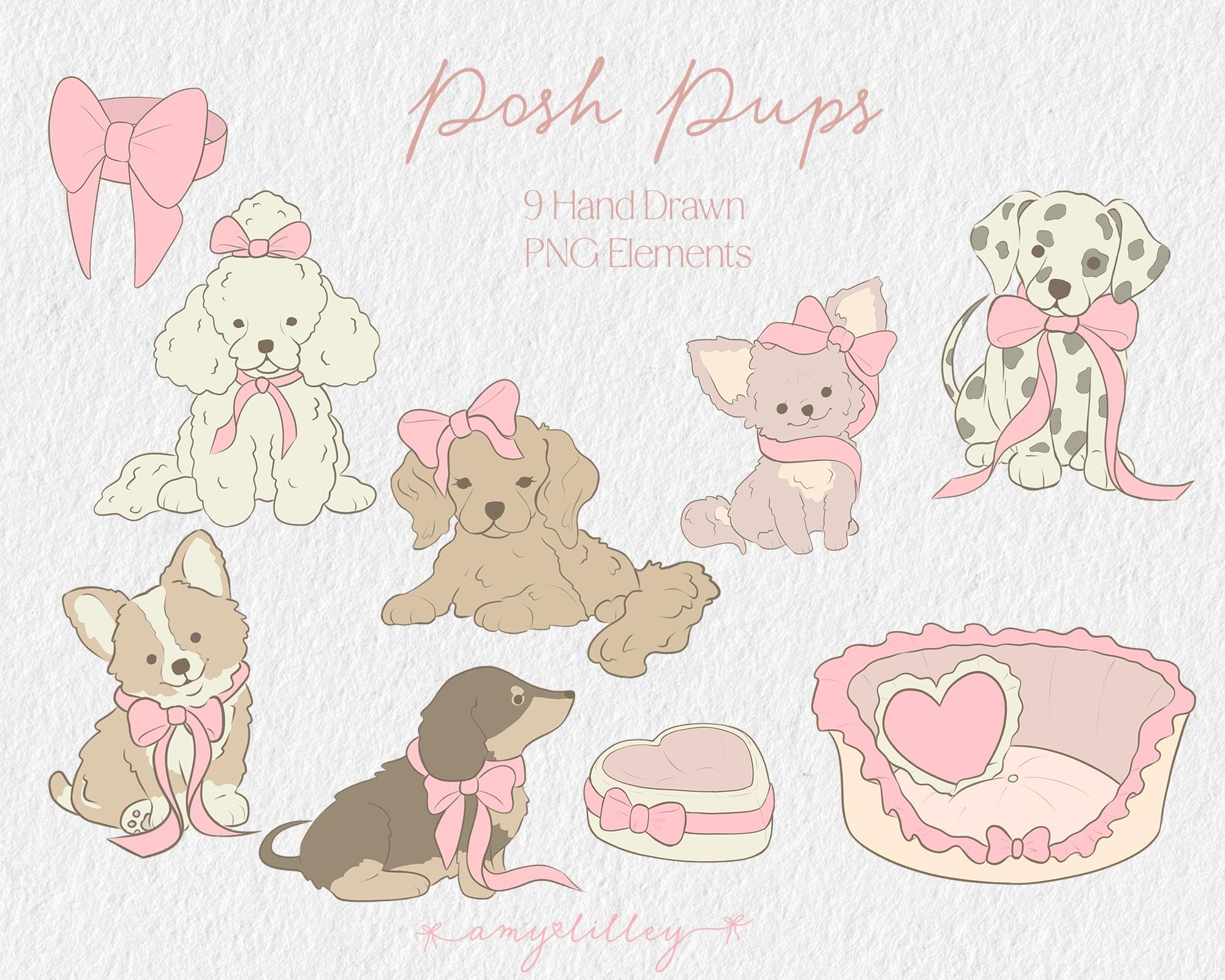 Puppies and Bows Clipart - Cute Dogs Hand Drawn Kawaii Pups Digital PNG ...