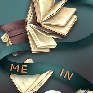 May include: Illustration featuring open books, a skull, and skeletal elements, with the words "Bury Me In Books" on a teal ribbon. The books have tan pages and brown or red covers.