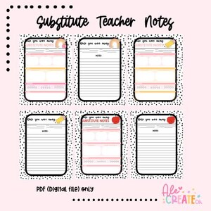 Peut inclure: Un fichier numérique avec six modèles de « Notes pour professeur remplaçant ». Chaque modèle a une bordure noire, avec un espace pour les notes et un en-tête qui dit « While you were away ». Les modèles ont un fond à pois roses et blancs.