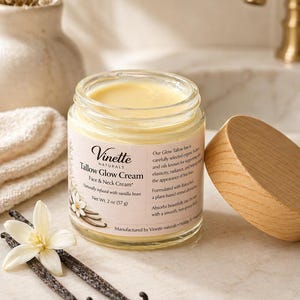 May include: A jar of Vinette Naturals Tallow Glow Cream for face and neck, naturally infused with vanilla bean. The jar is open, revealing a creamy yellow substance. Vanilla beans and a flower are next to the jar. Net weight is 2 oz (57 g).