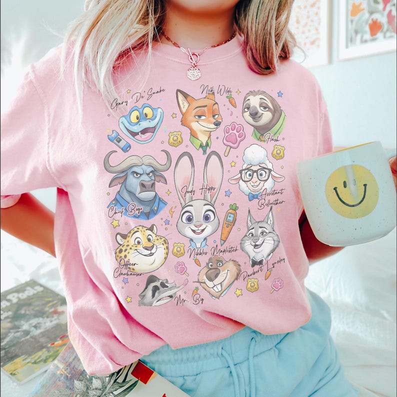 Disney Zootopia Characters Signature Sketch Shirt, Judy Hopps Nick Wilde Zotropolis Family Matching Tee, WDW Disneyland Trip 2026 Tee Blossom/Light Pink