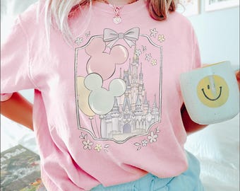 Retro Disney Castle Bow Shirt Cute Coquette Mickey Balloon Tee, Pastel Magic Kingdom Shirt, Disney Trip Tee, Disney Family Vacation Trip Tee