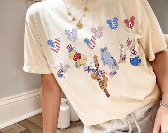 Retro Winnie The Pooh and Friends America 250th Anniversary shirts, Pooh 4th of July Balloons Shirt, Pooh USA Flag Tee, Independence Day Tee