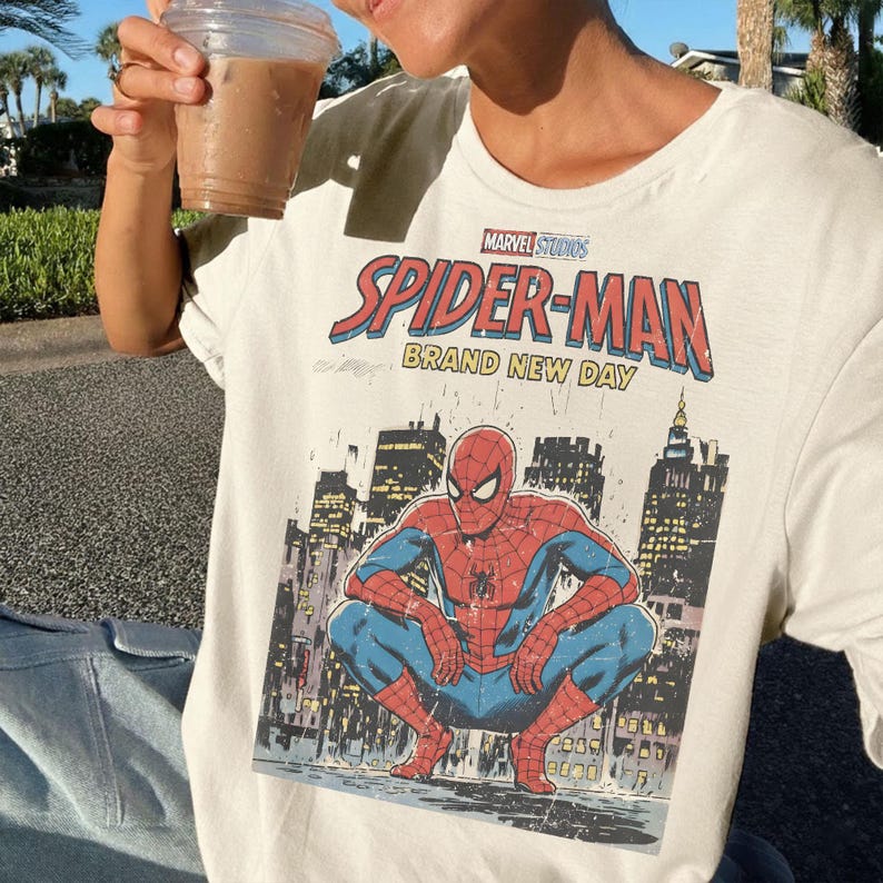 Vintage Spider-Man Brand New Day T-Shirt, Spiderman Marvel T-shirt, Tom Holland Spidey Tee, MCU Avengers Spiderman Shirt, Superhero Tee Ivory/Natural/Sand