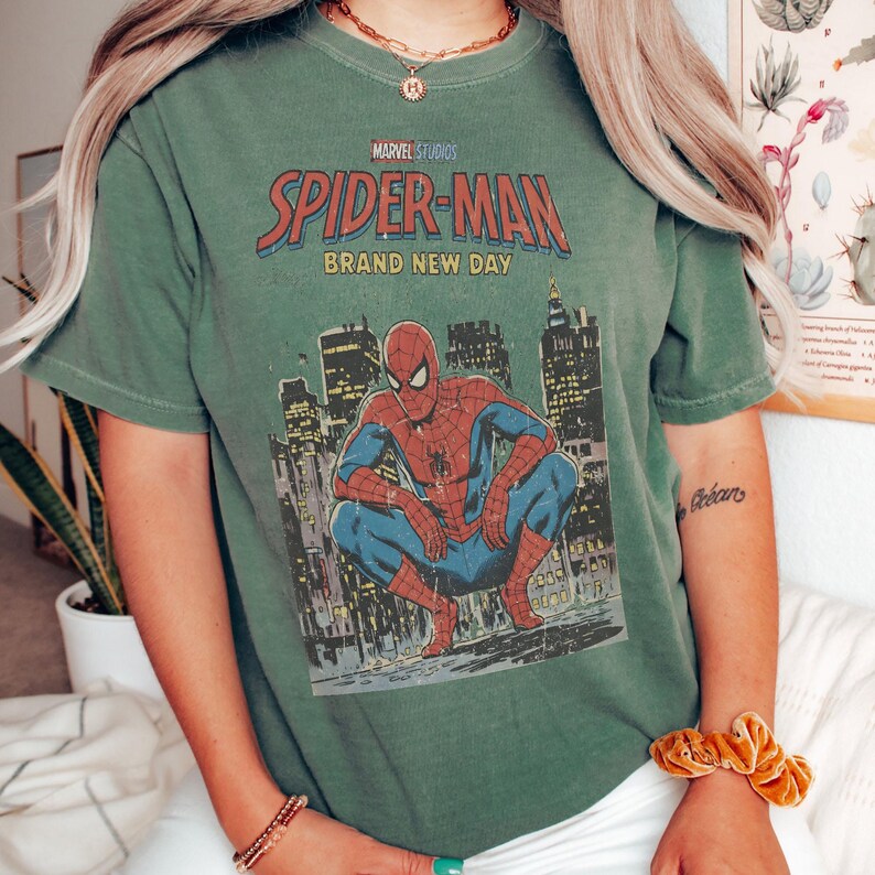 Vintage Spider-Man Brand New Day T-Shirt, Spiderman Marvel T-shirt, Tom Holland Spidey Tee, MCU Avengers Spiderman Shirt, Superhero Tee Moss/Military Green