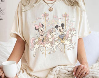 Cute Mickey Minnie Carousel Shirt, Watercolor Unicorn Disney Shirt, Disney Magical Carousel Tee, Disneyland Family 2026 Matching Trip Shirt