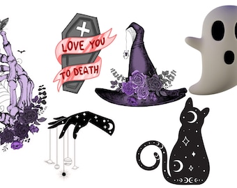 Pacchetto di adesivi gotici e spettrali: 10 adesivi carini, inquietanti, stregoneschi, di Halloween, occulti, dark academia, per laptop e diari