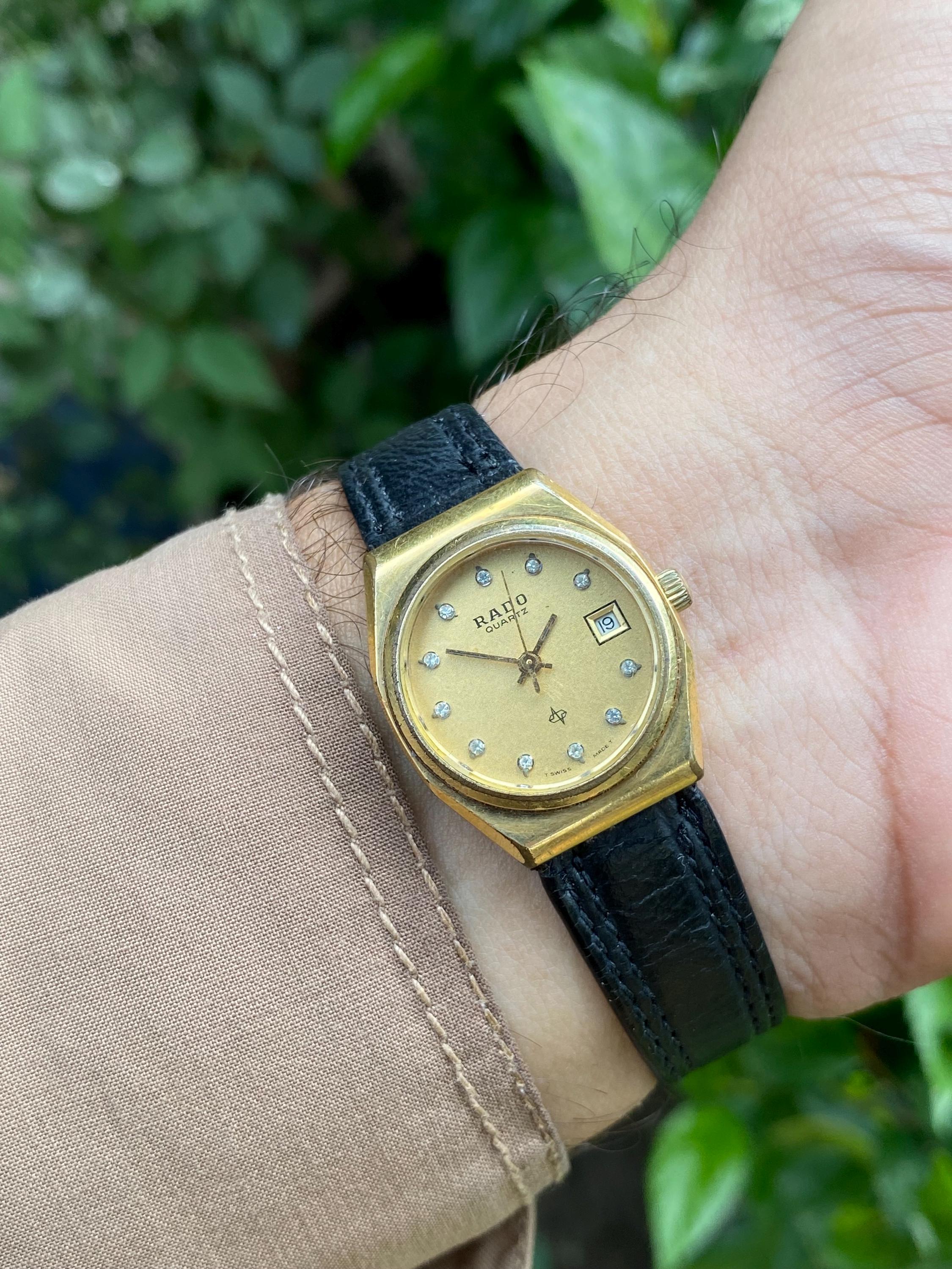 Vintage Rare Rado 11 Stone Quartz 111.3120.2 Date Function Gold