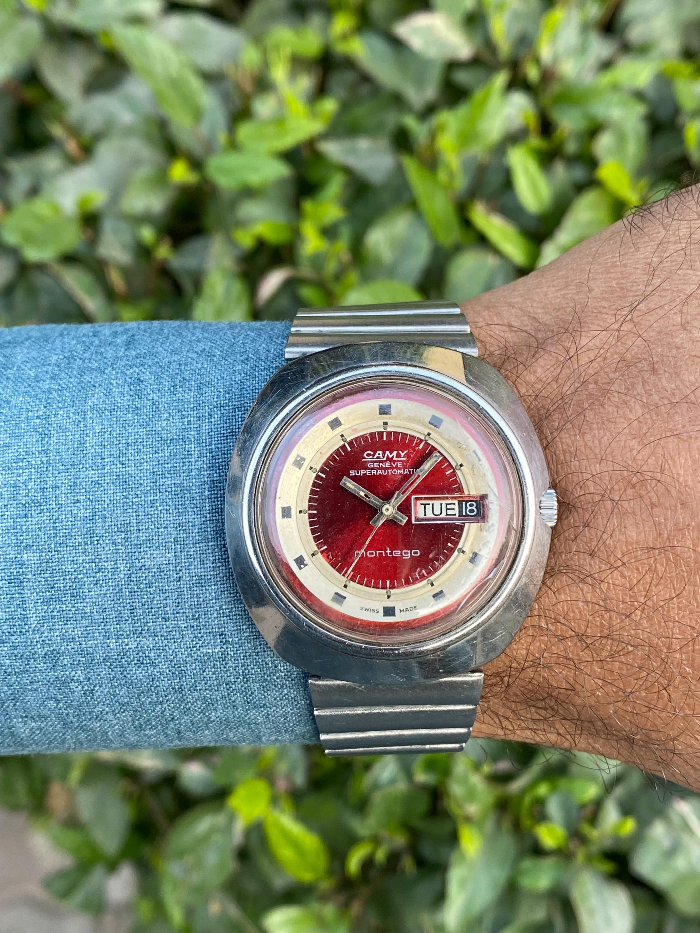 Vintage Rare 1970 Camy Geneve Superautomatic Montego 7616 Red Dial