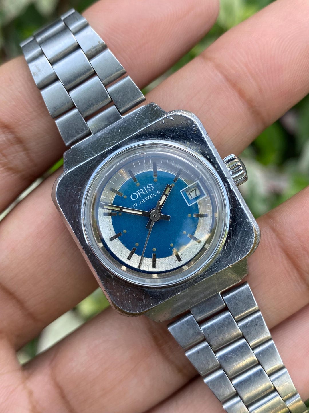 Vintage Rare Oris Manual Winding Date Function Blue&silver Dial 17