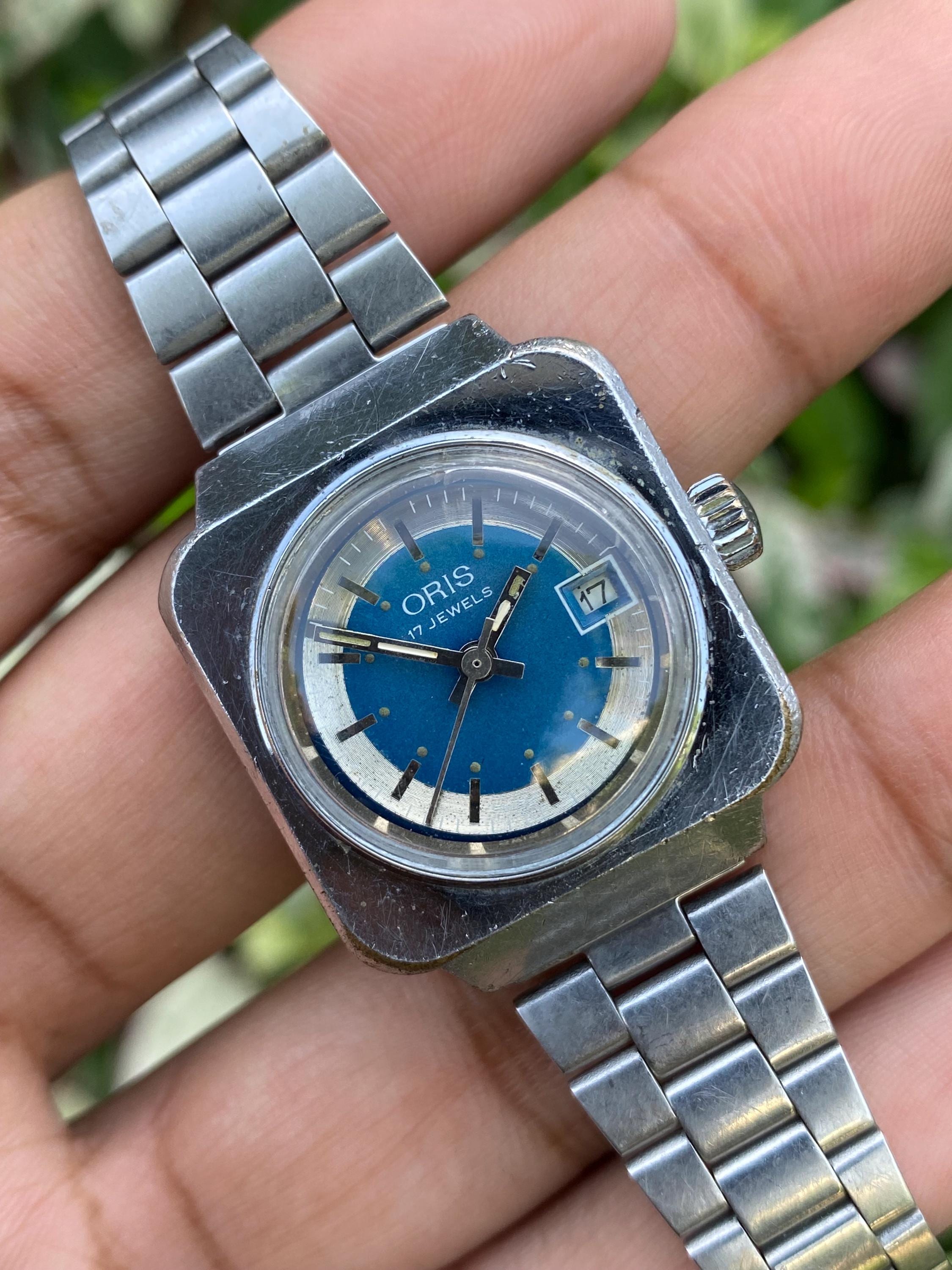 Vintage Rare Oris Manual Winding Date Function Blue&silver Dial 17