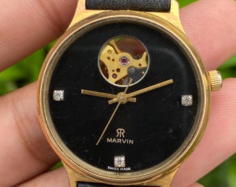 Vintage Rare Marvin Mechanical Swiss Made T44 Open Heart Black Dial with Diamond Hour Markers Wristwatch for Men's