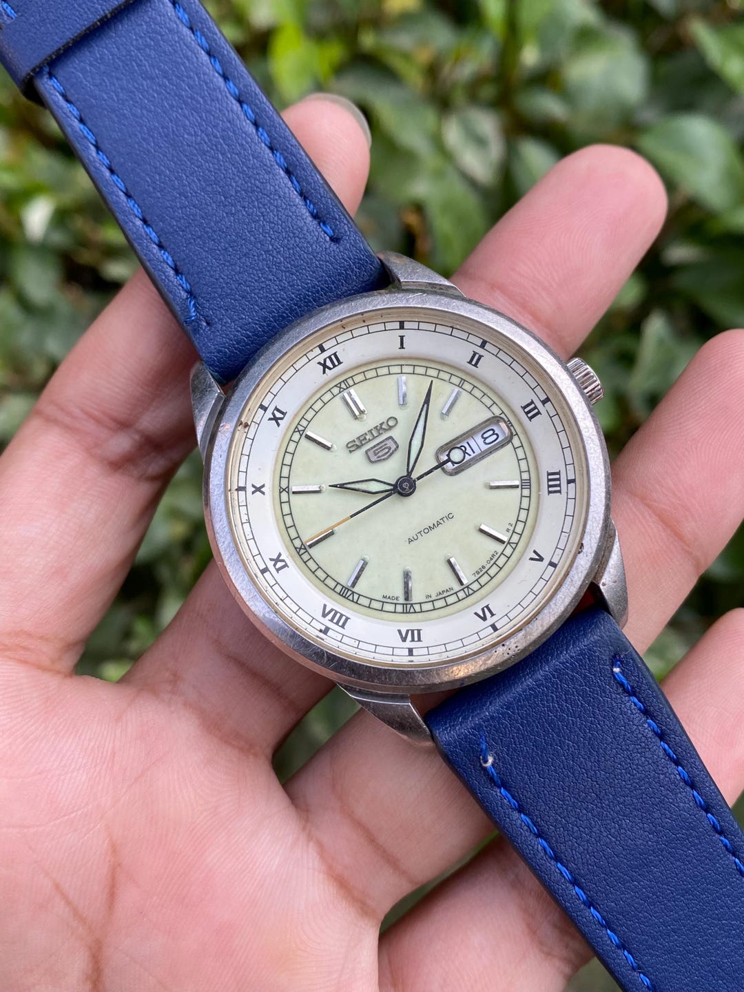 ほぼ新品1990 Light Blue Vintage 26/30 Vintage 1990s, Seiko 5 Automatic Big Size Roman Numerals 7s26 Day
