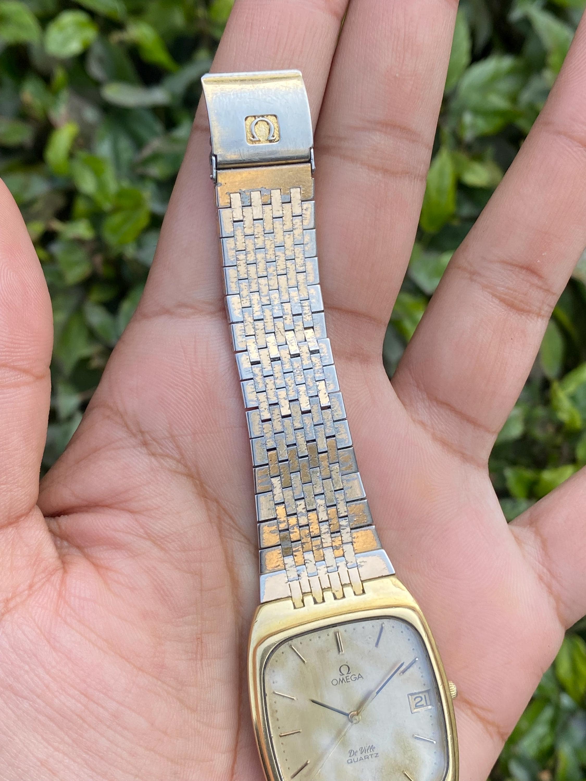 Vintage Rare Omega Deville Tank Shape Quartz Cal. 1332 Gold Plated 