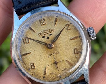 Vintage Rare 1950 Roamer Art Deco gold toned Sub Dial Manual Winding 15 jewels 59210 Swiss Made Mid Size Dress Wristwatch for Men's