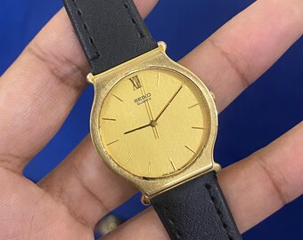 Vintage Rare July 1987, Classic Slim Seiko Quartz Golden Dial 5Y31