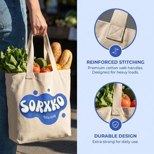 SORXKO Logo Canvas Tote Bag – Blue & White Branding, Reusable Grocery Bag