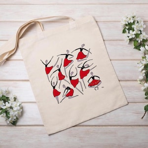 赤いスカートのダンサーの線画が描かれたコットンキャンバストートバッグ、ミニマリストなバレエイラストが描かれた再利用可能な食料品ショルダーバッグ、ダンス教師へのギフト