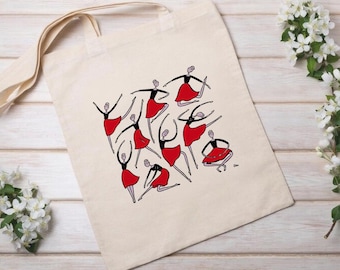 Bolsa de lona de algodón con falda roja, bailarina, ilustración minimalista de ballet, reutilizable, ideal como regalo para profesores de danza.