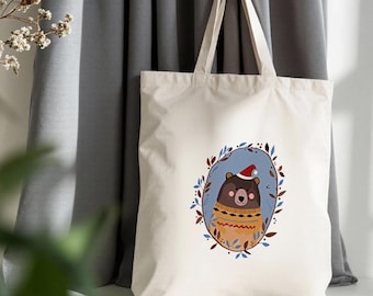 Bolsa de lona con ilustración de oso, bolsa de hombro reutilizable para supermercado, lindo estampado de animales del bosque, bolsa de compras ecológica, para uso diario.