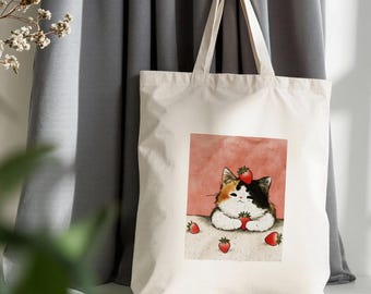 Cotton canvas tote bag with calico cat & strawberry print, reusable shopper bag, kawaii pet art carryall for groceries, school, work
