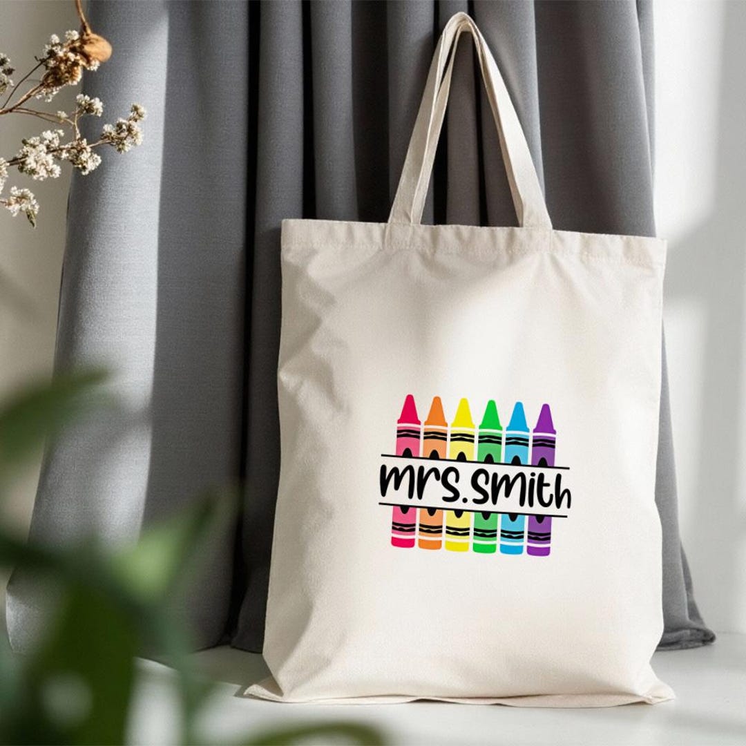 Personalized Rainbow Crayon Canvas Tote Bag | Custom Teacher Name Tote ...
