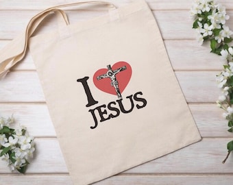 I Love Jesus Canvas Tote Bag - Christian Cross Heart Tote Bags for Everyday Faith