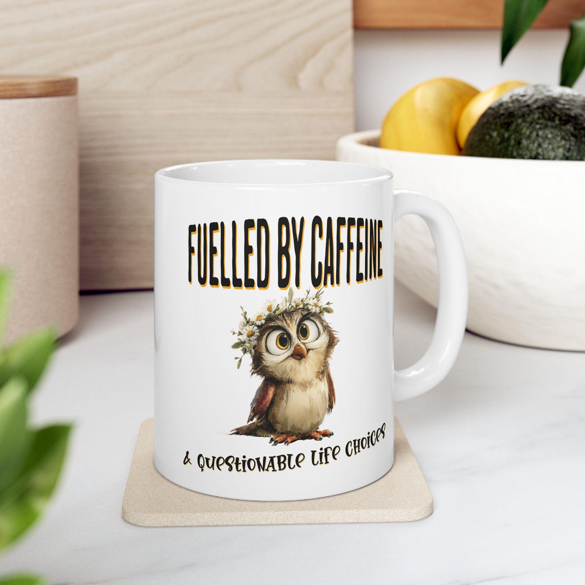 Fuelled by Caffeine Owl Mug, Funny Coffee Cup, Cute Owl Gift, Coffee Lover Present, Morning Humour 1